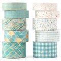 YUBX Creative Washi Tape Set 10 Rolls Gold Foil Print Decorative Masking Tapes for Arts, DIY Crafts, Journals, Planners, Scrapbook, Wrapping (Blue Melody)