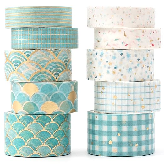 YUBX Creative Washi Tape Set 10 Rolls Gold Foil Print Decorative Masking Tapes for Arts, DIY Crafts, Journals, Planners, Scrapbook, Wrapping (Blue Melody)