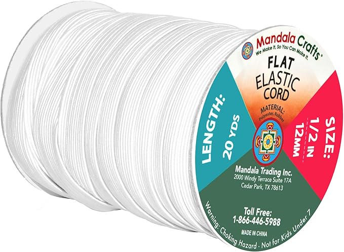 Mandala Crafts 12mm 20 Yds Roll of White Elastic Bands for Sewing - 1/2 Flat Elastics Cord - 1 2 Inch Braided Stretch Straps for Crafting