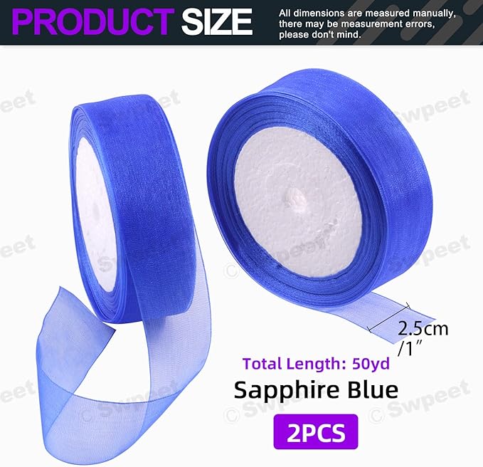 Swpeet 2 Rolls 50 Yards x 1 Inch Sapphire Blue Shimmer Sheer Fabric Ribbons Organza Ribbon, Transparent Sheer Ribbon Chiffon Fabric Ribbons for Bouquets Wedding Birthday Decoration