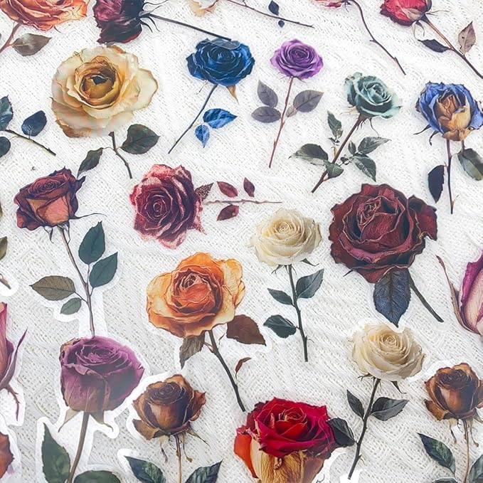 50PCS Vintage Dried Rose Stickers – Clear Waterproof Flower Botanical Scrapbook Stickers for Journaling, Crafting, Aesthetic Floral Decals for Laptops, Notebooks, Cards, Gifts