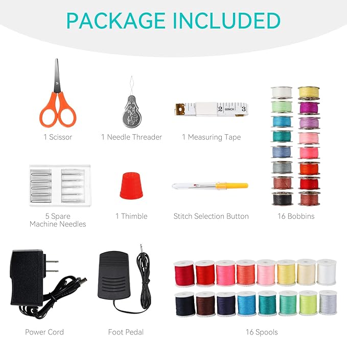 Mini Sewing Machine for Beginners, Portable Electric Sewing Machine with Dual Speed, 12 Built-in Stitches, Foot Pedal, and Accessories Kit for Home DIY Projects & Gift