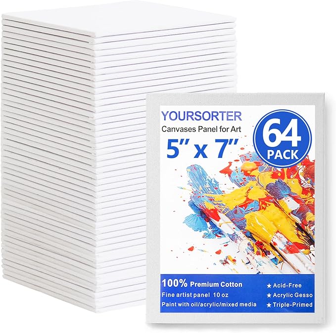 Canvas Boards for Painting 64 Pack Bulk, 5x7 Inch Small Painting Canvases, Mini Canvas Panels Gesso Primed 100% Cotton for Acrylic Oil Watercolor Tempera, Ideal for All Skill Level