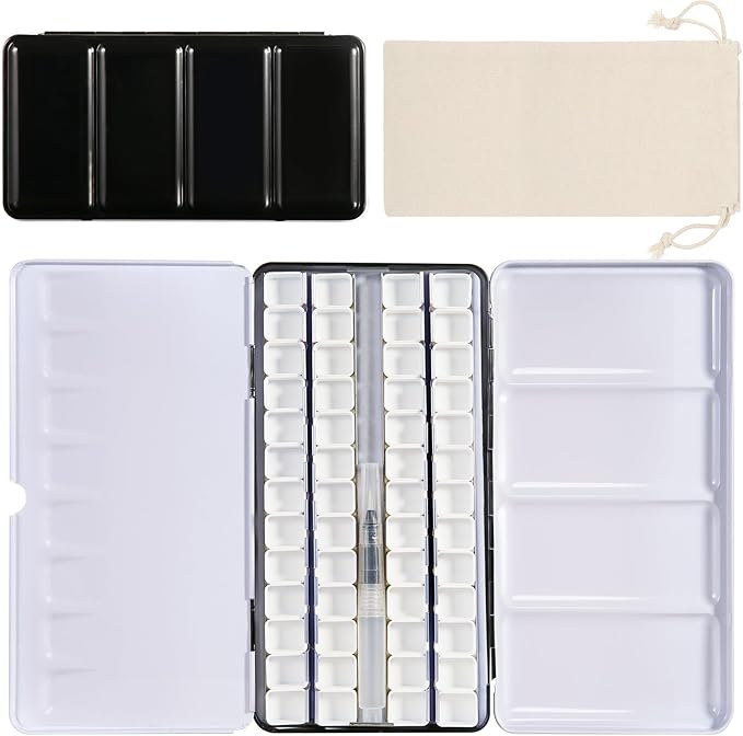 PEVART Watercolor Tin Palette, Metal Empty Paint Case with 52 PCS Empty Half Pans and a Water color Pen Suitable for DIY Travel Watercolor Palette, Acrylic and Oil Painting
