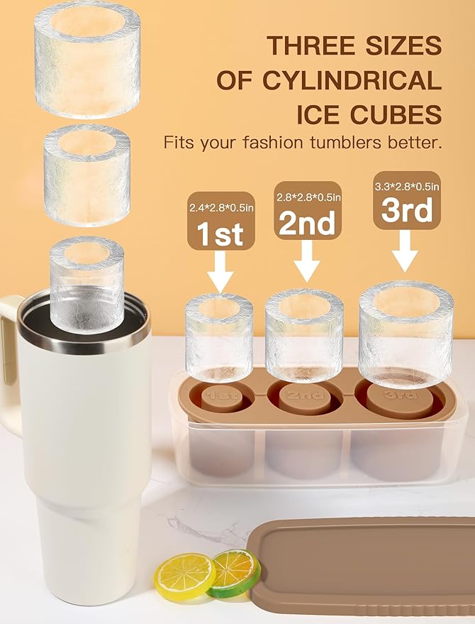Ice Cube Tray for Tumbler Cup 30Oz-40Oz, 3 Pcs Silicone Cylinder Ice Mold with Lid and Bin for Freezer, Easy Fill and Release Ice Maker for Whiskey, Cocktail BPA-Free (Brown, 40Oz-Type1)