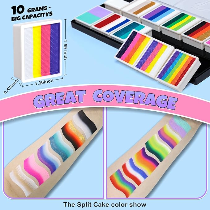 Professional Face Painting Kit for Kids Adults, Rainbow Split Cake Face Paint Palette 12 x 10gm+ 4 Colors Pro Pressed Glitter Eyeshadow Palette, with Brushes Sponges Gems Stencils