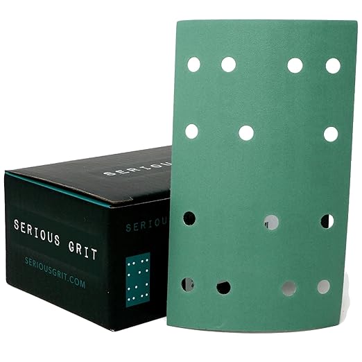 Serious Grit - 3" x 5" (80mm x 133mm) 14-Hole 400 Grit Sanding Sheets - Fits Festool RTS 400 & Mirka Deos 353 - Heavy-Duty Hook & Loop Film Abrasives - Sandpaper for Sheet Sanders - 50 Pack Box
