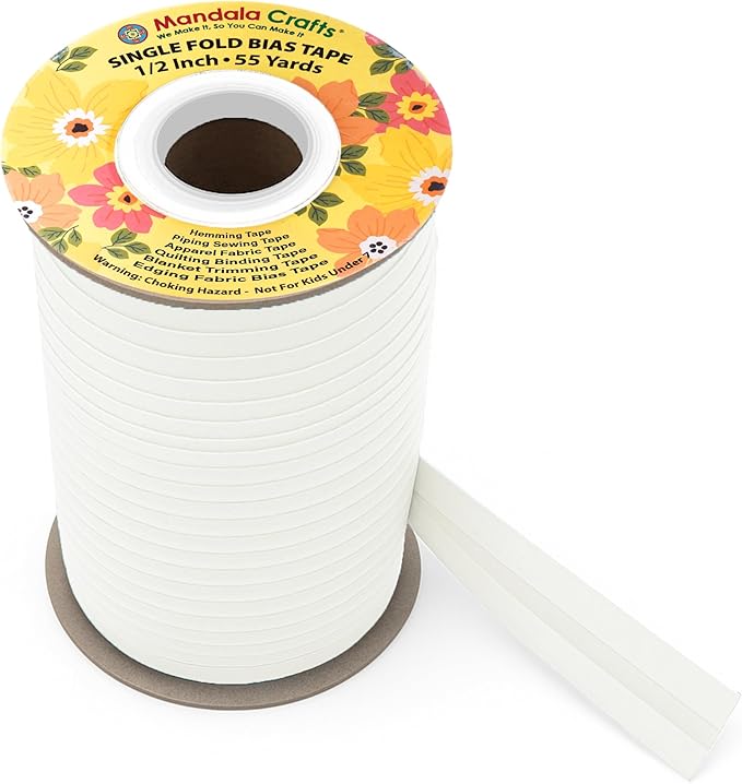 Mandala Crafts 1/2 Inch Single Fold Bias Tape for Sewing, Quilting, Piping, Hemming, Blanket & Quilt Binding – 55 Yards Off White Fabric Seam Binding Tape