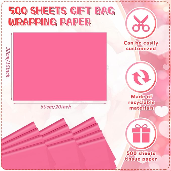 Qilery 500 Sheets Valentine's Day Hot Pink Tissue Paper Bulk 15 x 20 Inch Acid Free Flower Wrapping Packaging Paper Sheets for Valentine's Day Gift Craft, Birthday, Party Decor, Wedding, Baby Shower