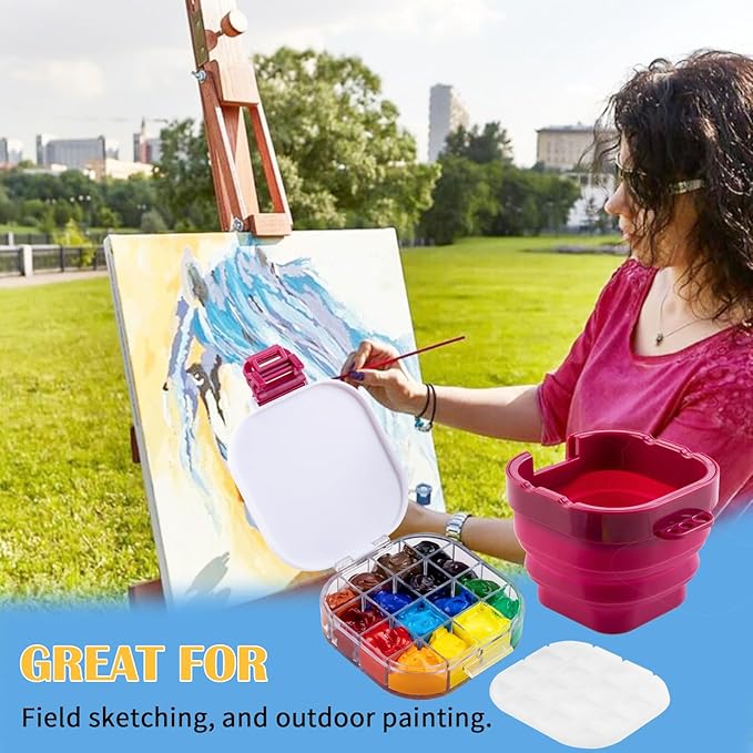 Falling in Art Paint Palette, Airtight 16 Wells Storage Palette Box with Lid and Folding Paint Brush Basin for Watercolor, Gouache and Acrylic Painting (Red)