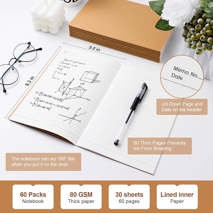 60PCS A5 Lined Composition Notebooks Bulk, 8.3x5.5 Inches Lined Paper Journaling Notebooks, 60 Pages Lined Kraft Notebook Set for Work, School, Student,Kids and Writing