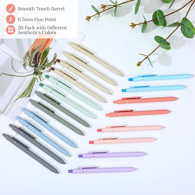 cobee 20 Pcs Aesthetic Gel Ink Pens, 0.5mm Cute Black Ink Rollerball Pen Fine Point Gel Pens Smooth Writing Ballpoint Pen for Journaling School Office Supplies