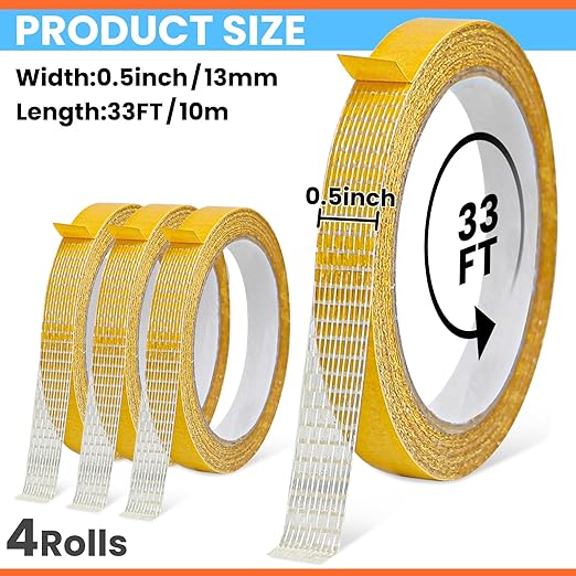 Double Sided Fabric Tape Heavy Duty for Hem, Fashion Dress, Cloth, Curtains, High Adhesive Sticky but Removable and Residue free, No Sewing or Ironing need, Multipurpose, 0.5 in x 33FT/10m x 4Rolls
