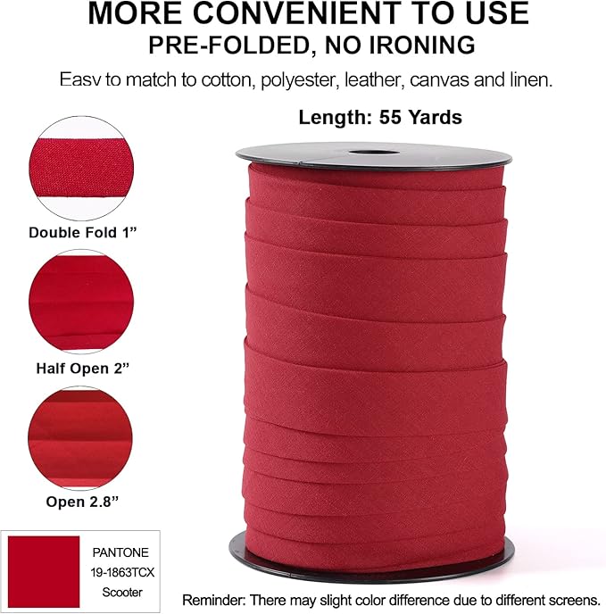 Bias Tape Double Fold 1 inch, Double Fold Bias Binding Tape 55 Yards (Red) and 4 Pieces Sewing Fabric Chalks for Crafts, Sewing, Seaming, Hemming, Piping, Quilting.