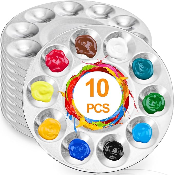 10 Pack Paint Tray Palettes, 6.7" Metal Paint Mixing Pallets, 10-Well Painting Palette, Washable Round Paint Holder Tray for DIY Craft Professional Watercolor Oil Art Painting Project, Silver