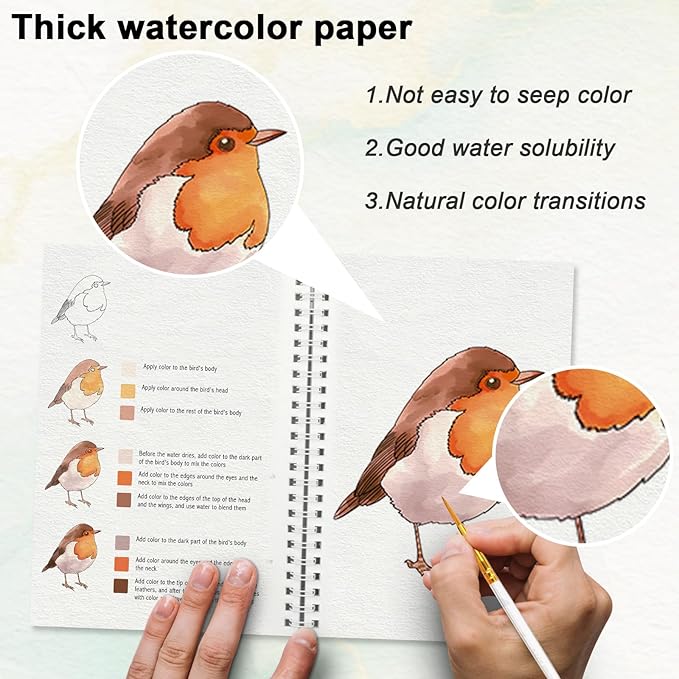 Watercolor Workbook for Beginners with Step-by-Step - 12 Watercolor Coloring Pages - 100% Cotton 300gsm/140lb Watercolor Paper - Gift for Women,Adults, Teens (Birds)
