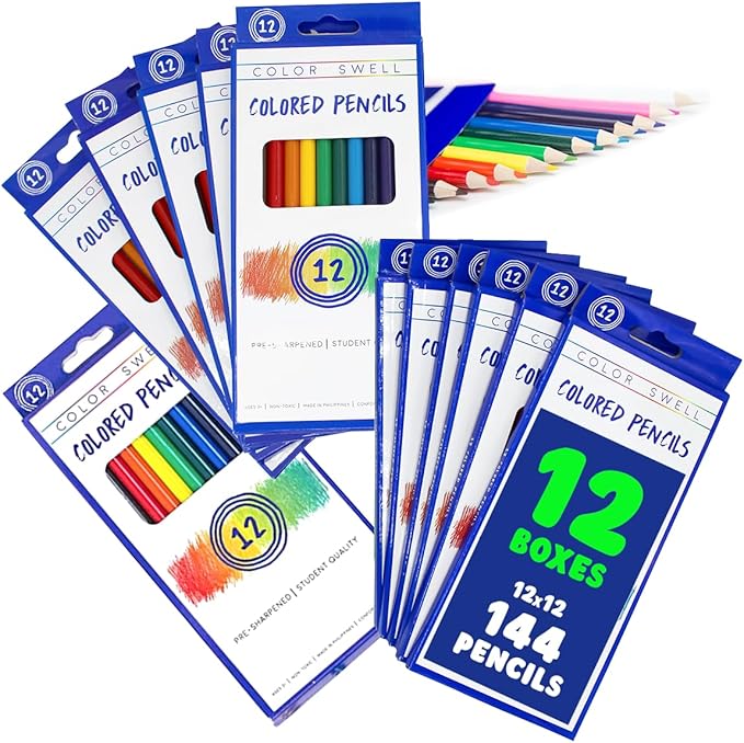 Color Swell Bulk Colored Pencils – 12 Sets, 144 Pre-Sharpened Assorted Vibrant Colors – Ideal for Kids, Teachers, and Classroom Supplies