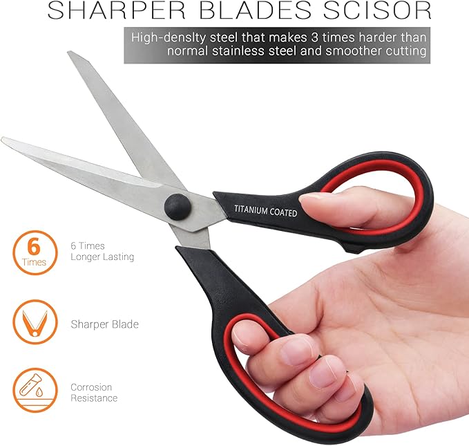 Scissors 8" Multipurpose Right/Left Handed Titanium Coated Sturdy Sharp Scissors for Office Home School Students