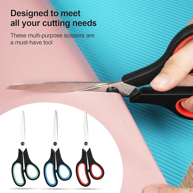 3-Pack 8" Heavy Duty Scissors with Ultra Sharp Blades and Comfort Grip Handles - For Office, Home, School, Sewing, and Crafts (Black Green/Black Red/Black Blue)