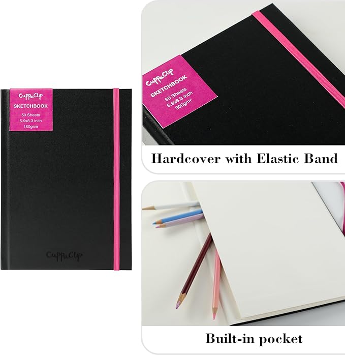 CuppaClip Sketch Book Hardcover Drawing Pad 300GSM Acid-Free Paper Spiral Bound Sketchbook 50 Sheets/100 Pages Art Supplies (Hardcover, 5.9x8.3in)