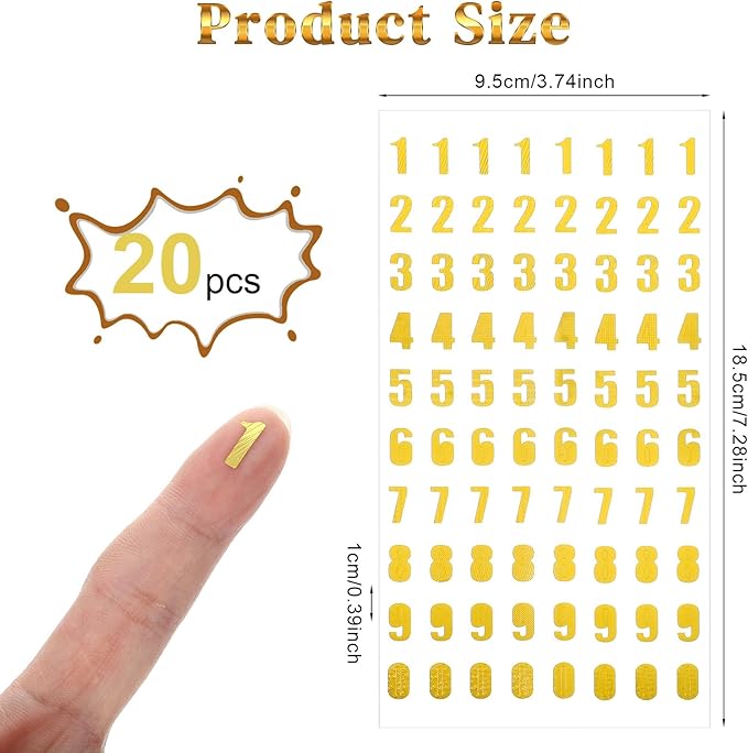 20 Sheets Gold Number Stickers 0-9, Mini Numbers Sticker Small Self-Adhesive Glitter Number Stickers for Phone Plate on Car Scrapbooking DIY Crafts Classroom Decor