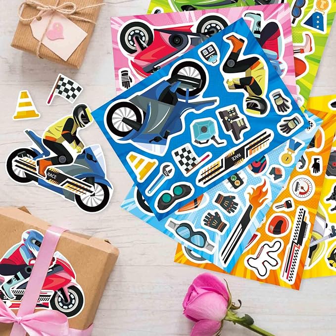 24 Sheets Make Your Own Motorcycle Stickers for Kids Toddler, Motocross Stickers Make a Face Stickers, Dirt Motobike Stickers for Kids Teens Motorcycle Stickers Kids Party Favor Supplies Crafts