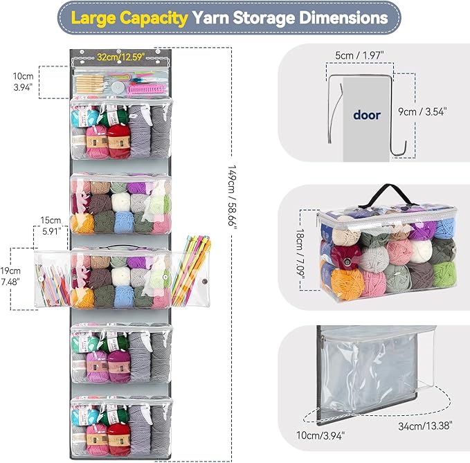 Katech Hanging Yarn Storage Organizer, Large Capacity Knitting Bag, Yarn Organizers with 6 Zipper Closure Compartments & Detachable Crochet Bag