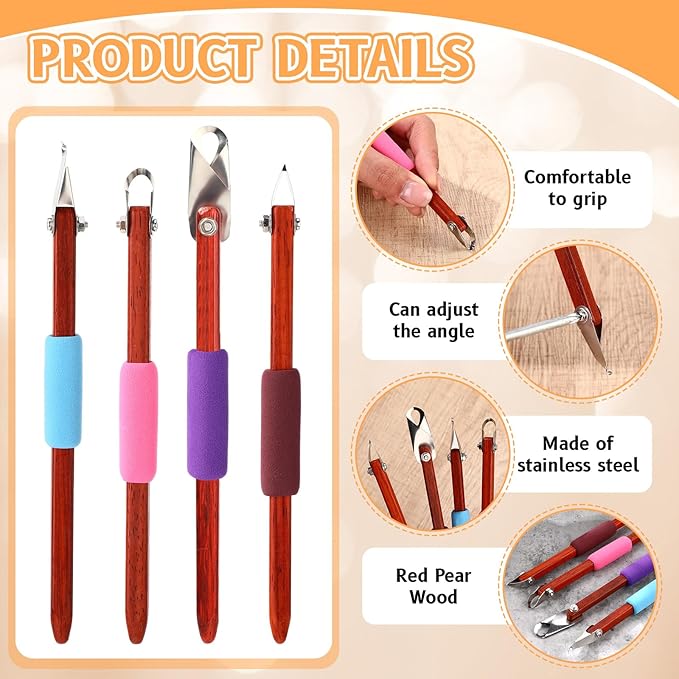 Lanties 4 Pcs Pottery Carving Tool Set Sculpture Scraper Craft Modelling Tools Red Pear Wood Texture Handle with Stainless Steel Blade for Clay Carving, Ceramic Sculpting, Graffito (Wonderful Color)