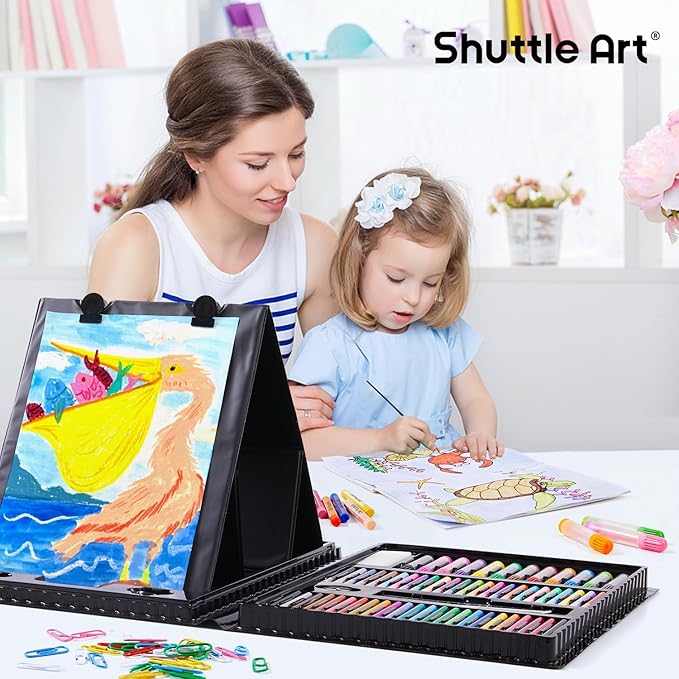 Shuttle Art 335 Piece Kids Art Set, Multi-Media Art Supplies, Gift Art Kit with Trifold Easel, 2 Drawing Pads, 2 Coloring Books, Oil Pastels, Crayons, Watercolors, Markers, Colored Pencils (Black)