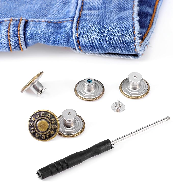 10 Sets Jean Buttons for Loose Jeans, 17mm Jean Button Replacement, Removable Jean Button Replacement Repair Kit with Threads Rivets and Screwdriver, Zinc Alloy Jean Buttons Repair Kit