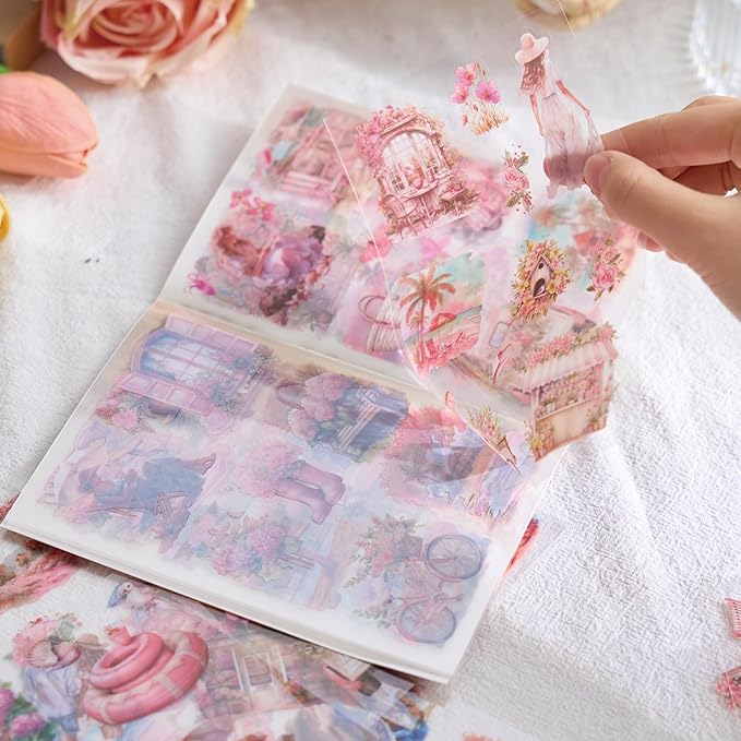MAFELOE 20 Pages PET Scrapbook Stickers, Aesthetic Deco Supplies for Journaling Junk Bullet Diary Album Calendars-Travel Scenery Series-Pink (Y3-P-SSYS)