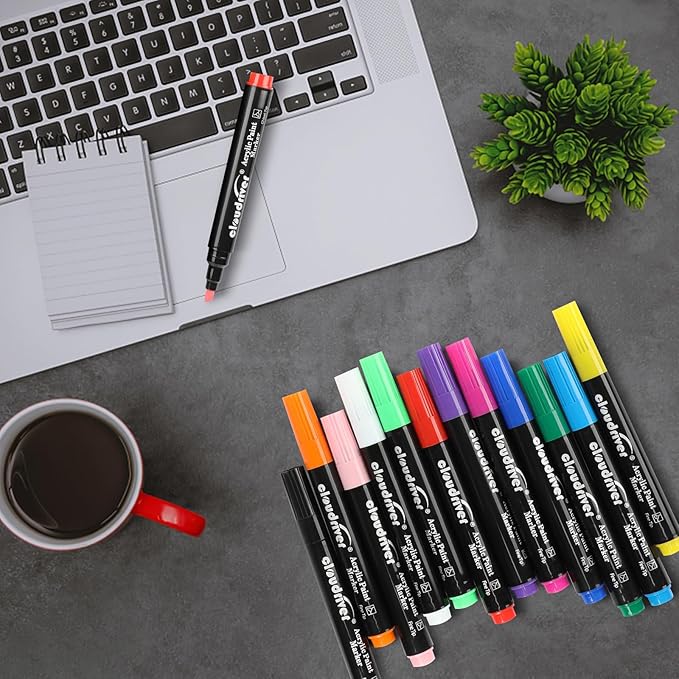 cloudriver Acrylic Paint Pens, Bulk Pack of 48, 12 Colors Water-based Ink Markers, Fine and Chisel Tip Acrylic Paint Markers For Canvas, Rock Painting, Wood, Glass, Metal, Ceramic, stone
