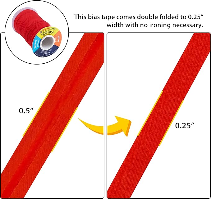 Mandala Crafts 55 Yards 1/4 Inch Red Double Fold Bias Tape for Sewing - Bias Binding Tape for Quilting Binding, Hemming, Seam, and Fabric Piping