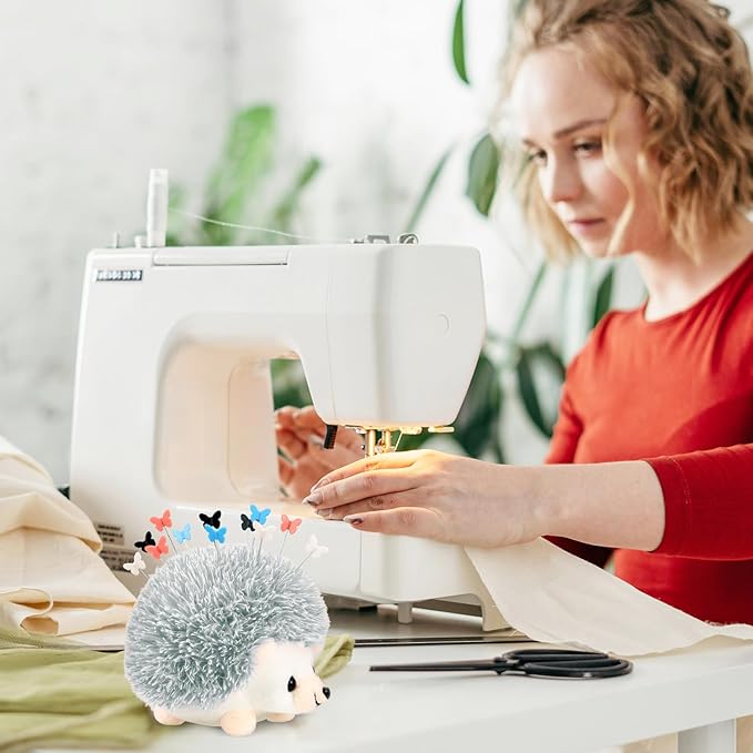Hedgehog Shaped Pin Cushion Sewing Kit, Sewing Pincushion with 100 Pcs Colored Butterfly Pins for Sewing Dressmaker (Gray)