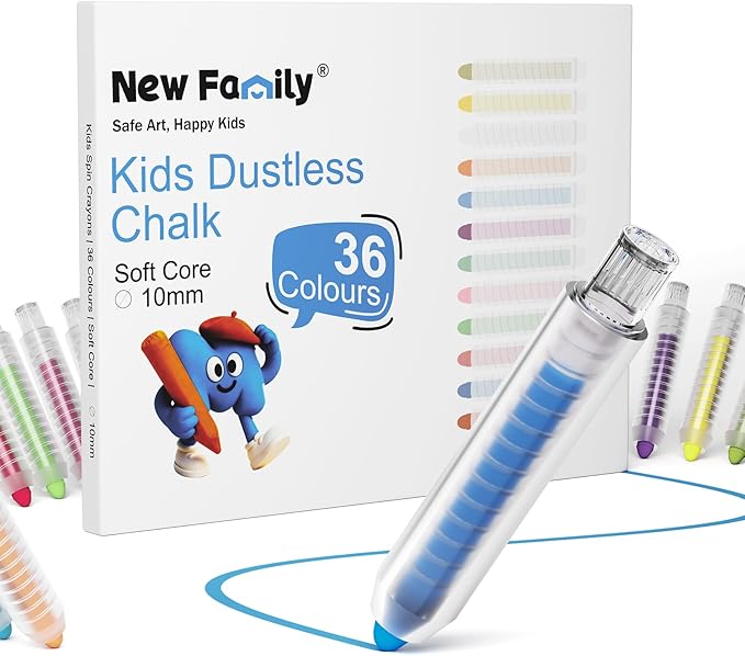NewFamily 36-Color Dustless Chalk with Holders, Non-Toxic Washable Sidewalk & Blackboard Chalk for Kids' Toddler Art & Indoor Play