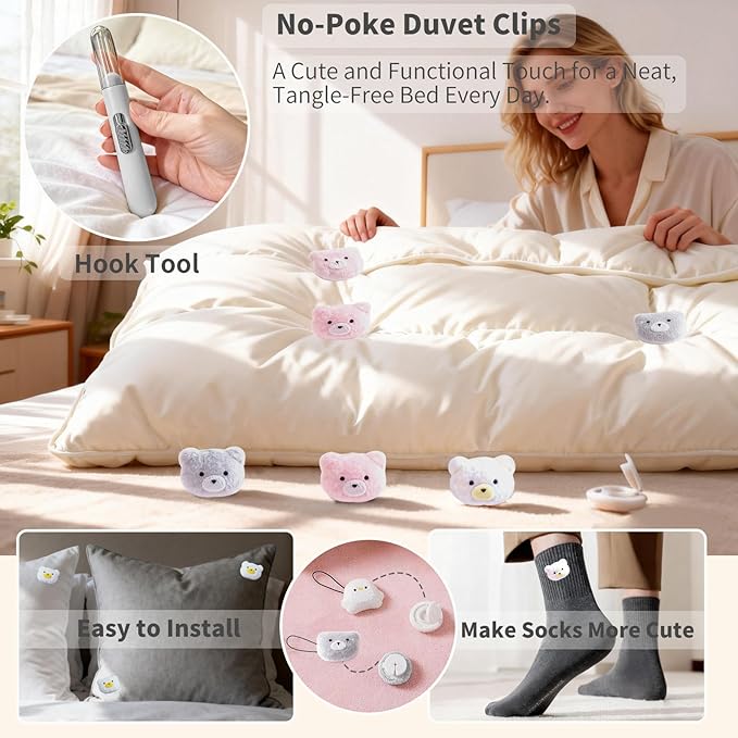 8 Pcs Duvet Clips with Pins Quilt Fixer,Non-Slip Duvet Cover Clips,Duvet Clips to Hold Comforter Inside,No Needles，Bear Pattern(Inc Hook Tool,Storage Box) (White)