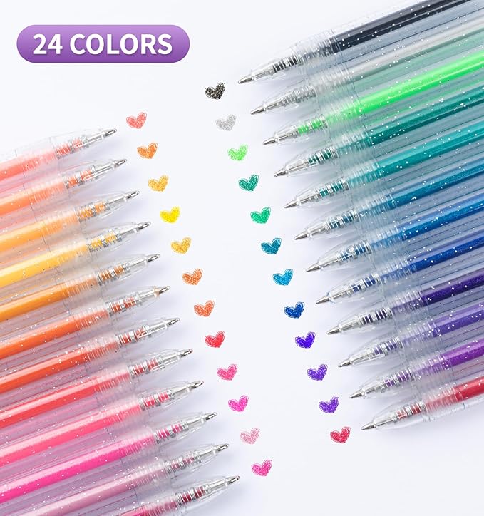 Glitter Gel Pens, 24 Colors Metallic Vibrant Retractable Sparkle Gel Pens for Coloring Journaling Drawing Doodling Colored Pen for Kids Adult Fun Pens 0.8-1mm