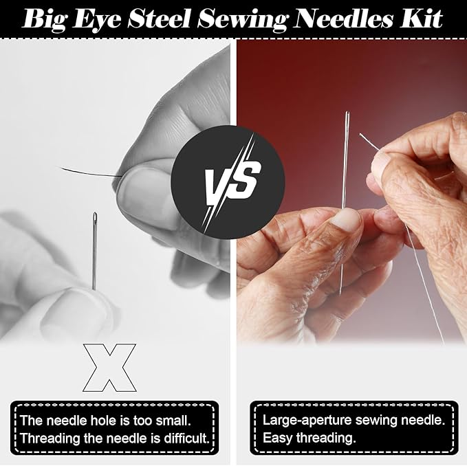 ArtCute Big Eye Steel Sewing Needles Kit 38 Pcs Stainless Steel Sewing Needles Set for Hand-Sewing, Includes Needles, Seam Ripper, Sewing Scissors, Threader, Portable DIY Crafts Kit for Beginners
