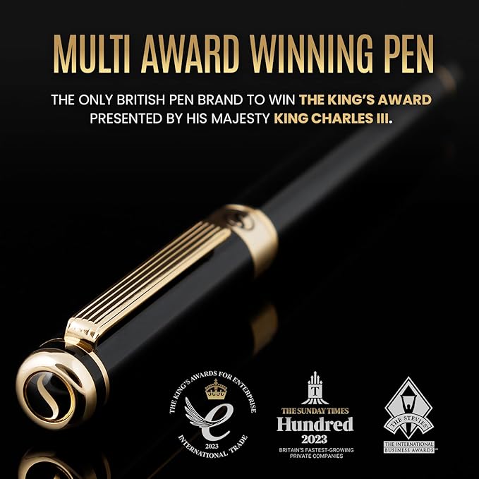Scriveiner Luxury Fountain Pen - Stunning Black Lacquer Pen, Real Gold Finish, Schmidt Gilded Nib (Fine), Converter, Best Pen Gift Set for Men & Women, Professional, Executive, Office, Nice Pens