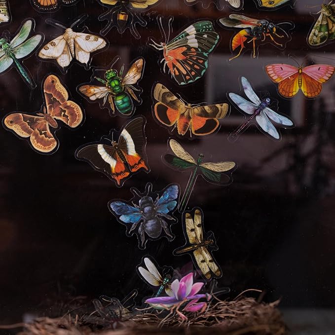 100 Pcs Insect Stickers Pack, Clear Scrapbook Realistic Bug Decals Butterflies Beetles Spiders Bees Dragonflies Waterproof Aesthetic Nature Stickers for Journaling Craft Decor