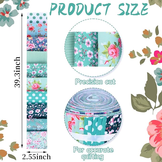 50 Pcs Green Blue Floral Jelly Fabric Strips Roll for Quilting Crafting Spring Summer Flower Precut Patchwork for Sewing DIY Crafts 2.55 Inch Polyester-Cotton Fabric Bundles