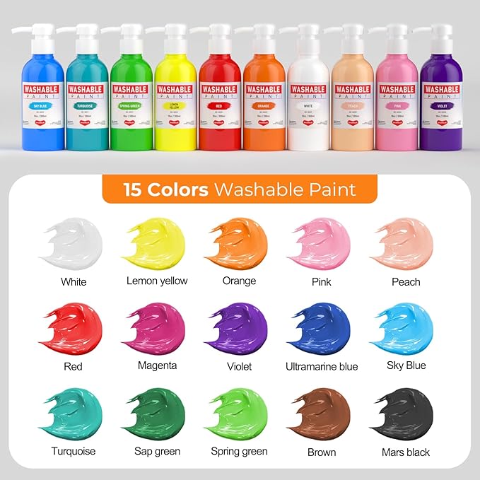 15 Colors Large Washable Paint Set for Kid, 10oz/300 ml Bottle with Pump, Bulk Paint Supplies Non Toxic Children Tempera Paint for Art, Craft, DIY, Finger Paint, School, Home, Classroom