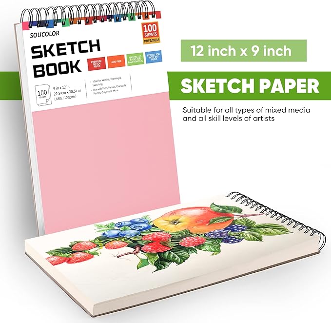 Soucolor Cute Sketchbook 9" x 12" for Women, 1-Pack 100 Sheets Spiral Notebook Drawing Pad, Pastel Art Supplies for Beginner Artists, Arts and Crafts Gifts Set for Adults