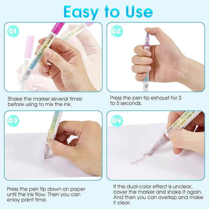 Glitter Markers Outline Glitter Pens, Tween Teen Girl Gifts Trendy Stuff, 24pcs Shimmer Metallic Outline Markers, Art Supplies Crafts Gifts for 4-12 Year Old Girls 6-8 9-12 10-12,Cute Cool Fun Crafts