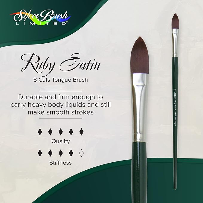 Silver Brush Limited 2510-8 Ruby Satin Cats Tongue Paintbrush for Oil, Acrylic, and Heavy Body Paints, Size 8, Long Handle