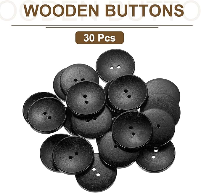 uxcell 30Pcs Wooden Buttons, 38mm(1.5 Inch) 2 Hole Round Wood Sewing Button Craft for Sewing DIY Craft Clothing, Black