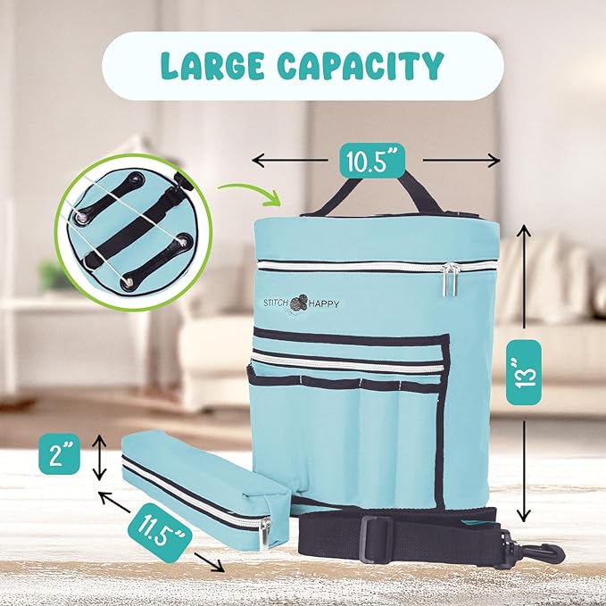 Stitch Happy Knitting Bag, Angel Blue: 7 Pocket Yarn Bag, Knitting Tote, Yarn Storage, Crochet Tote…