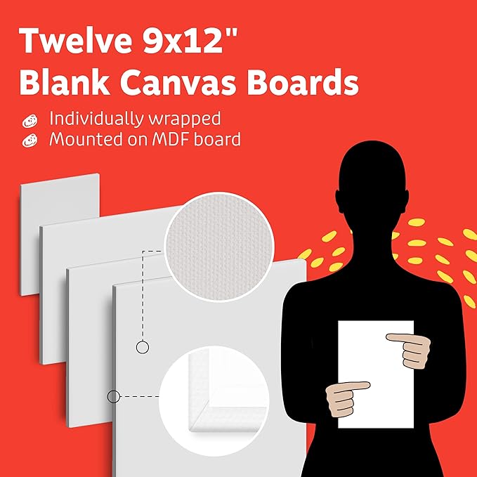 Artlicious Canvases for Painting - Pack of 12, 9 x 12 Inch Blank White Canvas Boards - 100% Cotton Art Panels for Oil, Acrylic & Watercolor Paint