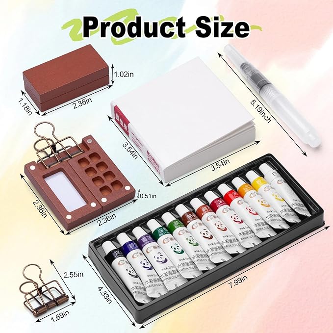Mini Watercolor Paint Set, Tiny Mini Paint Palette Travel Kit, Portable Pocket Artist Water Color Travel Set with 12 Colours, Sketchbook, Watercolor Pens, 8 Grid Paint Box For Painters and Artists