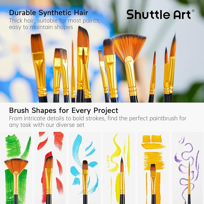 Shuttle Art 12 PCS Paint Brush Set with Case, Assorted Shapes & Sizes for Acrylic, Watercolor, Oil, and Gouache, Perfect Artist Brushes for Kids, Beginners, and Professionals, Ideal for Home or Travel